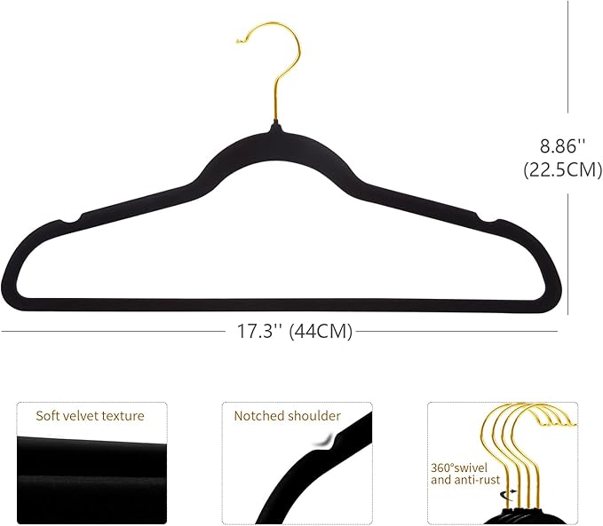 ManGotree Velvet Coat Hangers with 360° Swivel Gold Hook, Non-Slip Felt Suit Hangers, Ultra-Thin Space Saving Clothes Hanger for Jacket, Sweater, Shirt, Dress, Pants (66 Pack, Black)