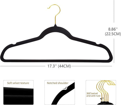 ManGotree Velvet Coat Hangers with 360° Swivel Gold Hook, Non-Slip Felt Suit Hangers, Ultra-Thin Space Saving Clothes Hanger for Jacket, Sweater, Shirt, Dress, Pants (66 Pack, Black)