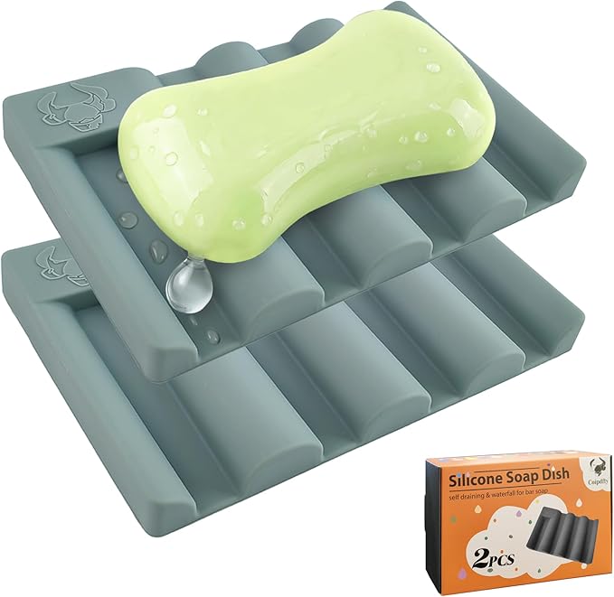Silicone Soap Dish,Self Draining Soap Holder Perfect for Shower,Bathroom Sink,Kitchen Sink & Travel,Non-Slip Bar Soap Holder Extend Soap Life,Keep Soap Bars Dry & Easy Cleaning Green-2Pcs