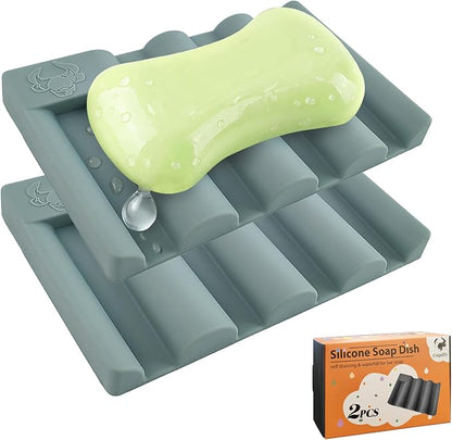 Silicone Soap Dish,Self Draining Soap Holder Perfect for Shower,Bathroom Sink,Kitchen Sink & Travel,Non-Slip Bar Soap Holder Extend Soap Life,Keep Soap Bars Dry & Easy Cleaning Green-2Pcs