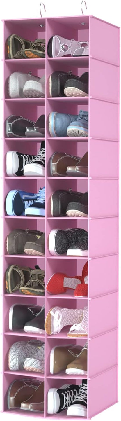 Hanging Shoe Organizer for Closet, 20 Sections Hanging Closet Organizers and Storage Shelves, Space Saving Shoe Storage Rack Holder, Pink, 12''W×12''Dx 50''H