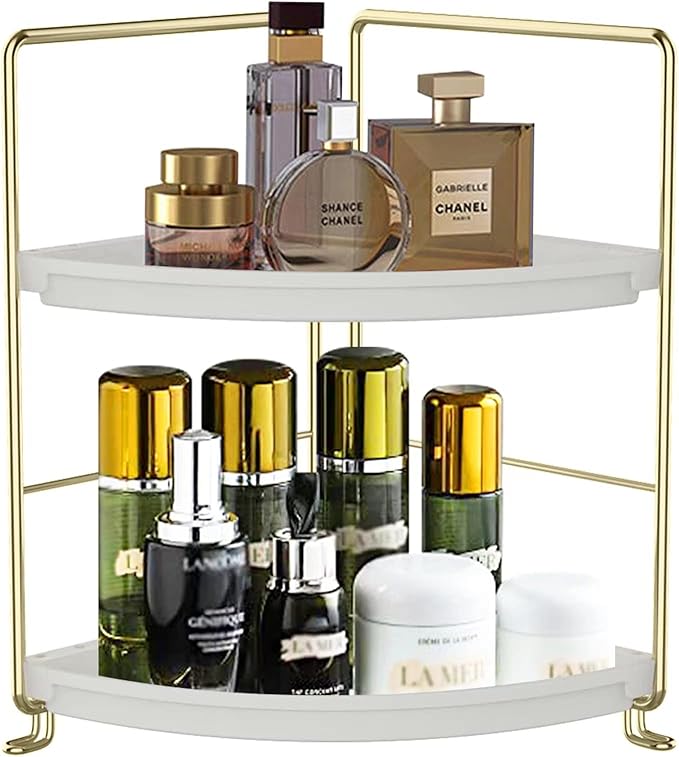 2-Tier Makeup Perfume Counter Organizer, Bathroom Corner Countertop Shelf Vanity Bedroom Storage Tray,Kitchen Spice Rack Standing Shelf(Gold,White)