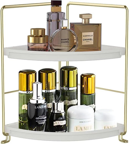 2-Tier Makeup Perfume Counter Organizer, Bathroom Corner Countertop Shelf Vanity Bedroom Storage Tray,Kitchen Spice Rack Standing Shelf(Gold,White)
