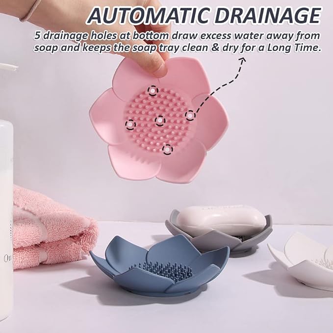 Silicone Soap Dishes with Draining. Bathroom Bar Soap Holder for Shower. Soap Tray for Kitchen Sink. Flower Shape Soap Saver for Counter, Bathtub. (4 Pack, White,Grey,Pink,Blue)