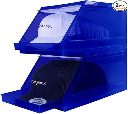 The CapBox 2.0 (2 Pack Blue) Hat Organizer for Baseball Caps, Stackable Sliding Tray Hat Rack & Hat Holder Hat Hanger Cap Storage Container 2 Yr. Warranty Anti Tilting & Tray Stopper