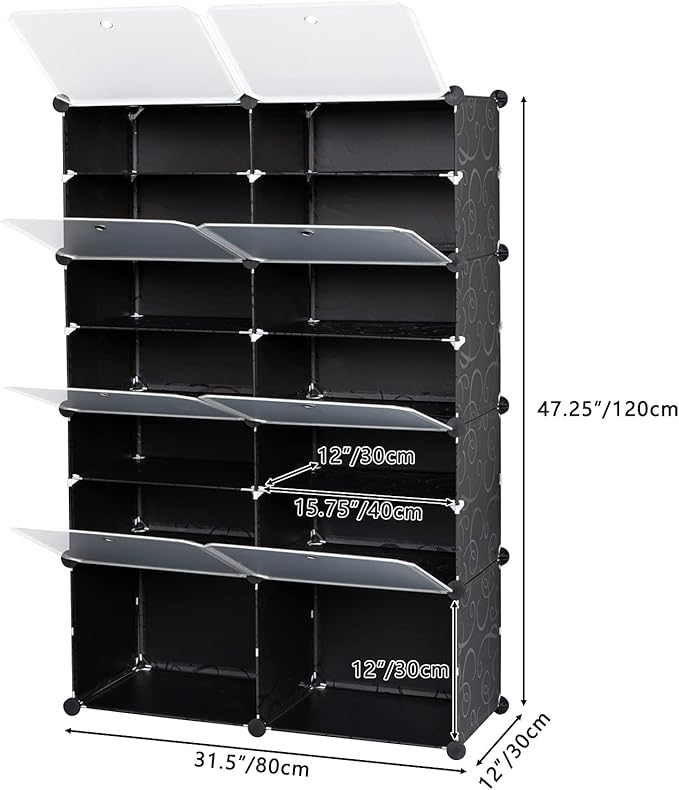 14 Cubes Shoe Rack,Portable Shoe Rack Organizer,Stackable Detachable Free Standing Shoe Rack,Plastic Shoe Storage Cabinet,Shoe Storage Boxes,with Doors,for Closet, Hallway, Bedroom, Entryway (Black)