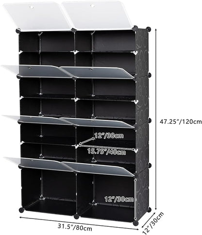14 Cubes Shoe Rack,Portable Shoe Rack Organizer,Stackable Detachable Free Standing Shoe Rack,Plastic Shoe Storage Cabinet,Shoe Storage Boxes,with Doors,for Closet, Hallway, Bedroom, Entryway (Black)