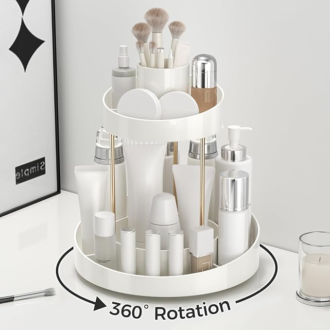 2 tier Makeup Organizer Countertop,360 Rotating Makeup Organizer for Skincare, Lipstick and Perfumes,Multi-function Cosmetic Display Cases for Vanity,Bathroom,White