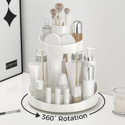 2 tier Makeup Organizer Countertop,360 Rotating Makeup Organizer for Skincare, Lipstick and Perfumes,Multi-function Cosmetic Display Cases for Vanity,Bathroom,White