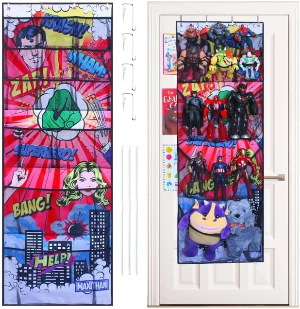 Superhero Organizer, Over The Door Hanging Shoe Organizer, Red (65'' x 23''),Toy Organizer