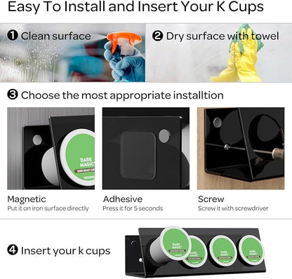 LifeMoreasy K Cup Holders, Acrylic Coffee Pods Organizer Stand Magnetic & Self-Adhesive Wall Mounted K Cup Stand for Kitchen Wall, Cabinet, Fridge (4 Pack for 16 Pods)
