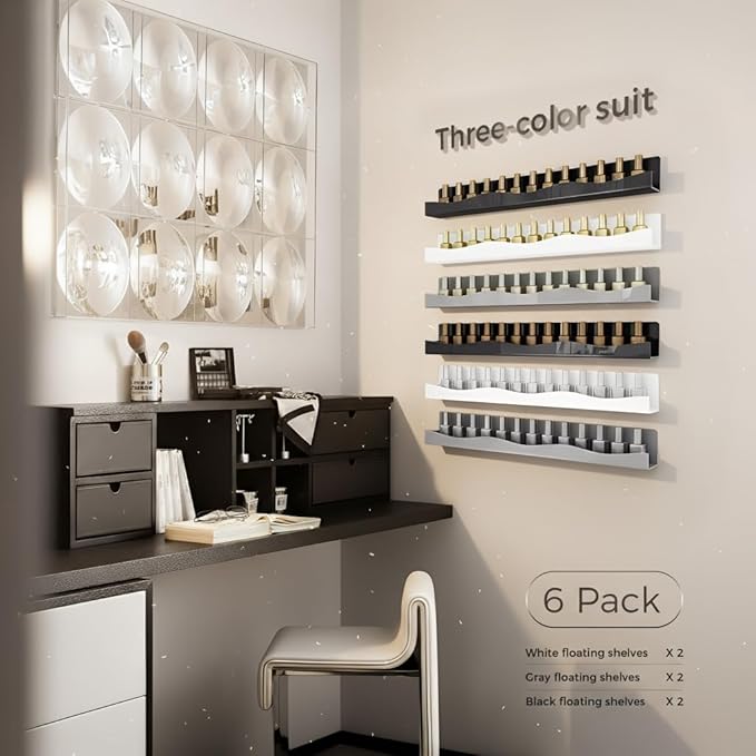YMVV 3 Colors Nail Polish Wall Mounted Shelf,15 Inch White Gray Black Nail Polish Floating Shelves for 66-90 Bottles Multi-Purpose,Ideal Gift, Great Display for Salons Retailers,6 Pack