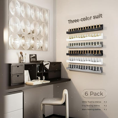 YMVV 3 Colors Nail Polish Wall Mounted Shelf,15 Inch White Gray Black Nail Polish Floating Shelves for 66-90 Bottles Multi-Purpose,Ideal Gift, Great Display for Salons Retailers,6 Pack