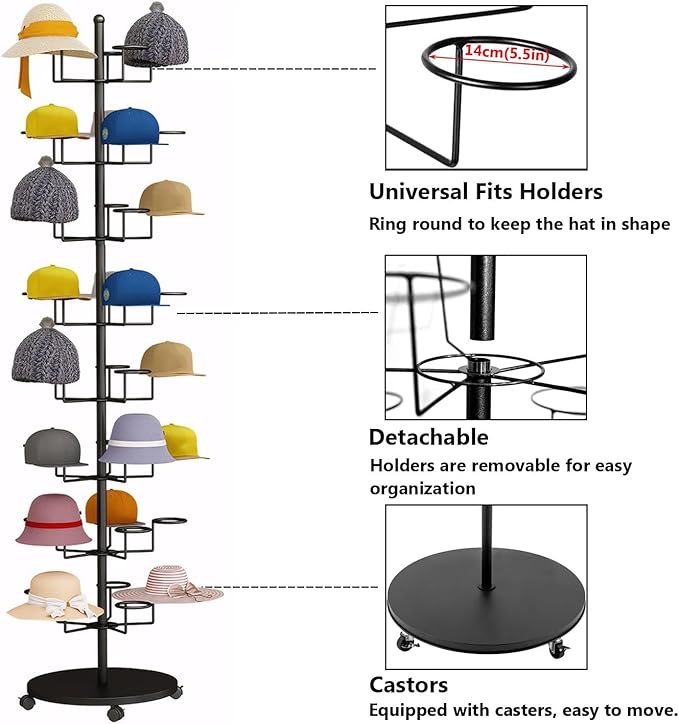 Standing Hat Rack Stand, Cowboy Hat with 30 Hooks, 6 Tier Metal Hat Organizer, Floor Hat Display for Home Store Vendors(Black,6 Tier)