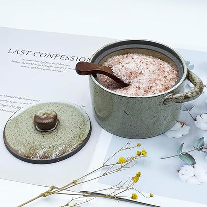 12 oz Ceramic Salt Cellar with Lid & Wooden Spoon,Countertop Salt Container,Sugar Bowl,Spices Jar| Artisan Kitchen Decor(Coarse Pottery)