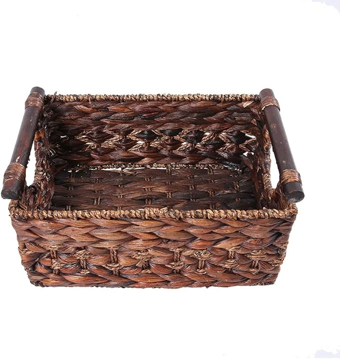 Storage Basket made by Water Hyacinth with Wood Handles, Arts and Crafts. (RectangleA-Medium)