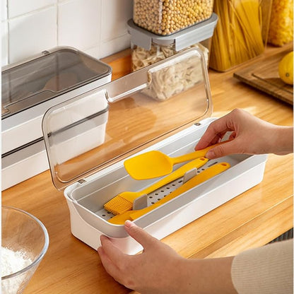 Plastic Kitchen Drawer Organizer with Lid and Drainer Stackable Utensil Holder for Countertop Silverware Tray Flatware Organizers - 13x4.7x2.4 Inch Spatula Cutlery Storage Box