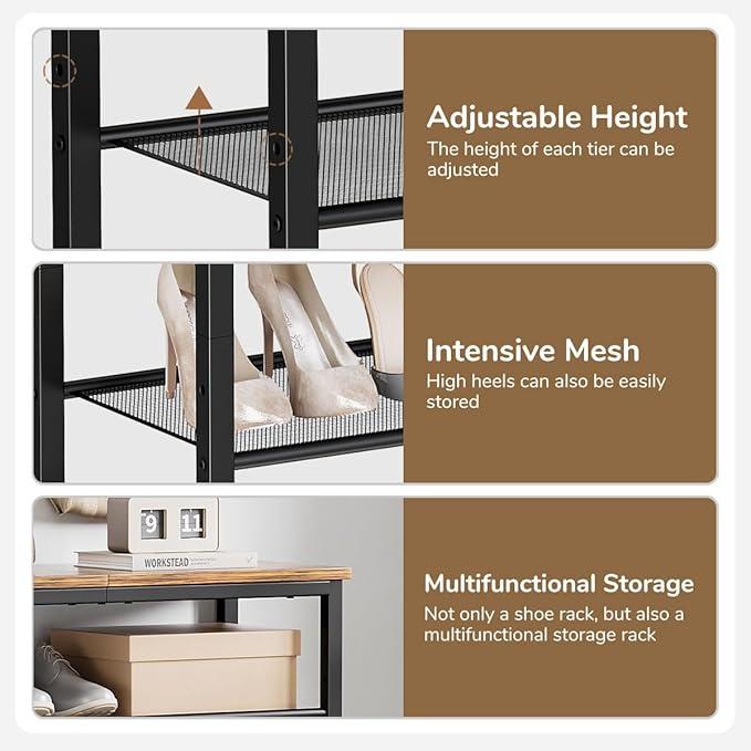 Shoe Rack, 5-Tier Shoe Storage Organizer with 4 Metal Mesh Shelves for 15-20 Pairs, Free Standing Shoe Racks, for Entryway, Hallway, Closet, Dorm Room, Industrial, Rustic Brown