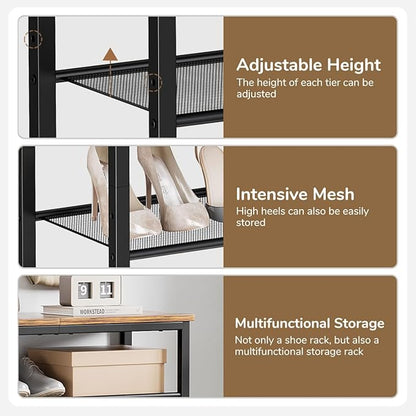Shoe Rack, 5-Tier Shoe Storage Organizer with 4 Metal Mesh Shelves for 15-20 Pairs, Free Standing Shoe Racks, for Entryway, Hallway, Closet, Dorm Room, Industrial, Rustic Brown