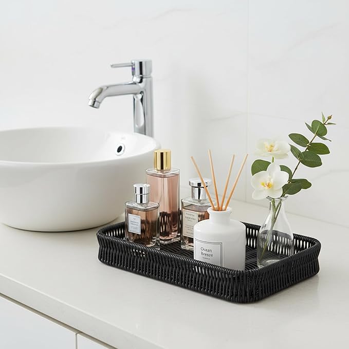 Toilet Tank Tray Storage Basket, Metal Woven Bathroom Basket Decorative Tray for Toilet Paper Storage, Wicker Vanity Organizer Bin with Non-Slip Feet for Bathroom Counter or Back of Toilet-Black