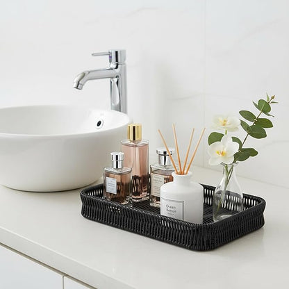 Toilet Tank Tray Storage Basket, Metal Woven Bathroom Basket Decorative Tray for Toilet Paper Storage, Wicker Vanity Organizer Bin with Non-Slip Feet for Bathroom Counter or Back of Toilet-Black