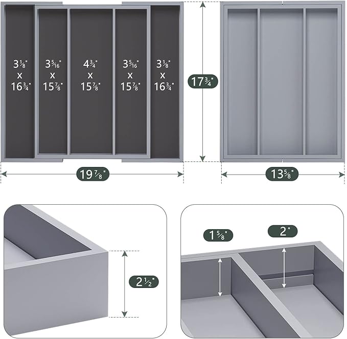 Large Kitchen Utensil Drawer Organizer - Expandable 5 Slots Cooking Utensil Organizer Multipurpose Silverware Organizer for Storage Repair Tools, Painting Tools W13.7"-19.9" x L17.6" X H2.5" (Grey)