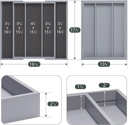 Large Kitchen Utensil Drawer Organizer - Expandable 5 Slots Cooking Utensil Organizer Multipurpose Silverware Organizer for Storage Repair Tools, Painting Tools W13.7"-19.9" x L17.6" X H2.5" (Grey)