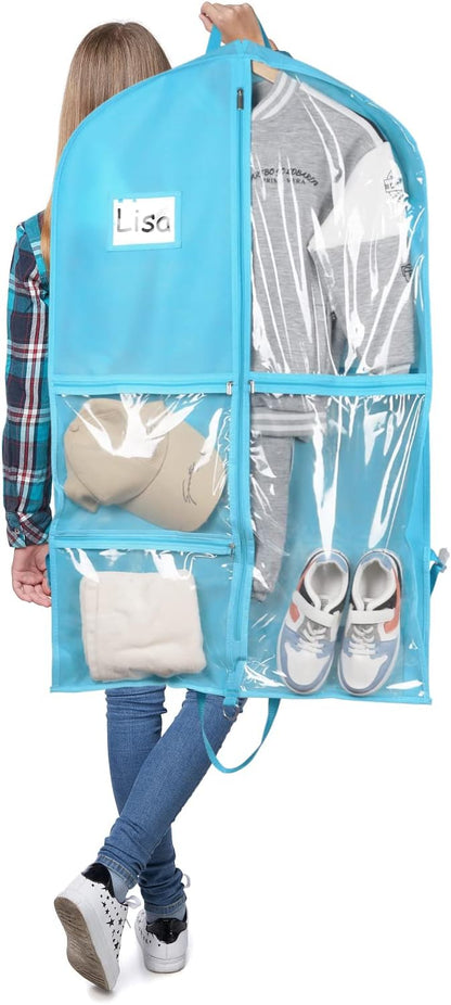 Zilink Clear Dance Costume Bags 40 Inch Garment Bag for Boys Girls with 5 Clear Zipper Pockets for Dance Costumes Closet Storage, Blue