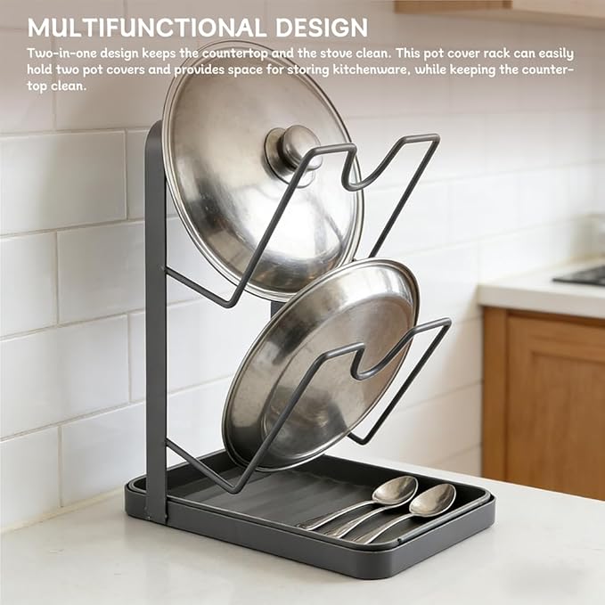 Stainless Steel Pot Lid Holder While Cooking Kitchen Pot Lid Storage Rack Pots Lids Holder With Tray and 2pcs Gloves Kitchen Organizer Stand for Stove Top(COLOR:black)