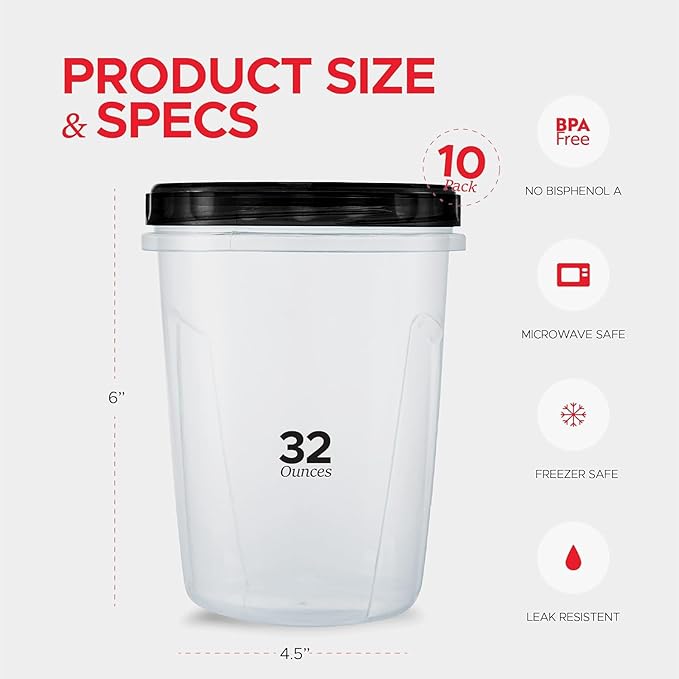 Tafura 10 Pack Leakproof Freezer Containers for Food with Twist Top Lids - 32 Oz BPA Free Reusable Plastic Soup Containers with Screw On Lids - Ideal for Meal Prep, Organization - Midnight Black Lid