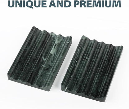 Karibiber 2 Pcs Soap Holder for Bathroom, Marble Soap Dish for Kitchen Countertop, Green Soaps Tray with Creative Wavy Design, Soaps Saver for Bath Tub, Sponges, Indian Natural Stone