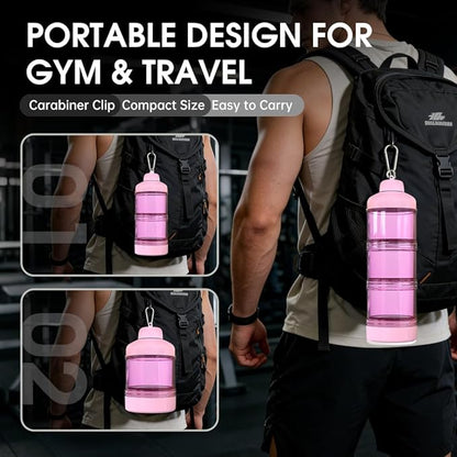 BYLWORKOUT 3-Layer Protein Powder Travel Container with Funnel and Keychain | Portable Food Storage Organizer for Gym, Fitness, Kitchen, Camping, Hiking, and Travel (Pink)