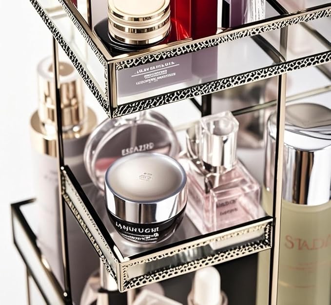 360 Rotating Glass Makeup Organizer, Spinning Vanity Cosmetic Storage with Multi-Layer Compartments, Luxury Countertop Rotating Makeup Holder for Skincare, Perfume, Cosmetics