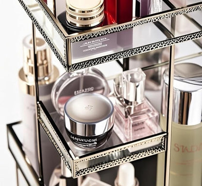 360 Rotating Glass Makeup Organizer, Spinning Vanity Cosmetic Storage with Multi-Layer Compartments, Luxury Countertop Rotating Makeup Holder for Skincare, Perfume, Cosmetics