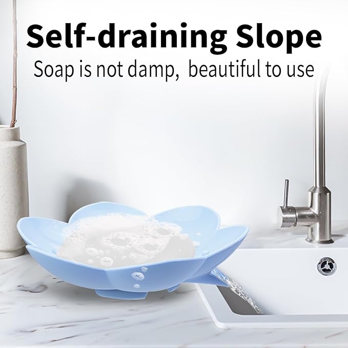 Soap Dishes 2 Pack Self Draining XL Flexible Bar Holder for Shower Steamer, Silicone Flower Soap Saver Tray for Counter Bathtub Sink Bathroom Decor with Drainage -Mirror Surface Easy Clean, Grey/Blue