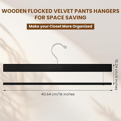 Chunful 10 Pack Wooden Velvet Pants Hangers - 16 Inch Non Slip Wood Pants Hangers with 360 Degree Swivel Hook Heavy Duty Space Saving for Jeans, Shorts & Dresses (Black)