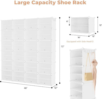 Shoe Rack Organizer 12 Tier Shoe Storage Cabinet with Door 96 Pair Tall Shoes Rack Expandable Free Standing Sturdy Plastic Easy Assembly Shoes Shelf for Closet Entryway Bedroom Hallway White