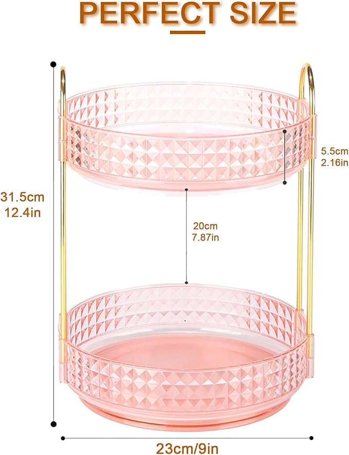 Fangoo 2 Tiers Pink Rotating Makeup Organizer for Vanity 360 Spinning Skincare Organizers for Dresser Perfume Organizer Large Skincare Make up Storage Cosmetic Organizer for Bathroom Countertop
