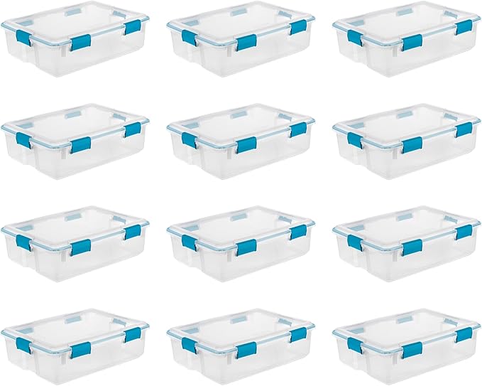Sterilite 12-Pack Gasket Box, Weather-Resistant Storage Bins with Latching Lids, 37 Quart - Heavy-Duty Organizing Containers for Closet, Bathroom, and Office