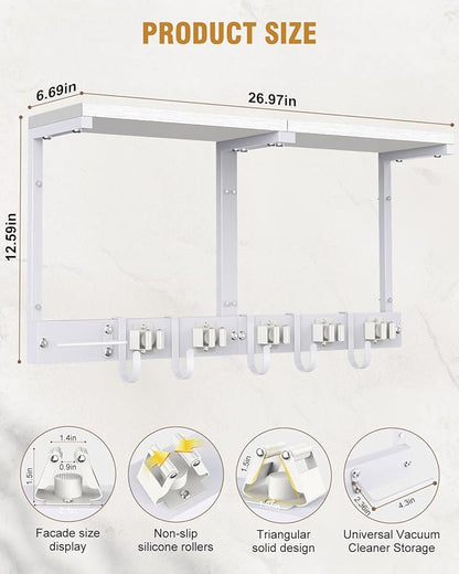 Broom Holder Wall Mount with Top Wooden Shelf, Heavy Duty Metal Cleaning Supplies Broom Hanger with Vacuum Organizer and 5 Slots & 5 Hooks for Laundry Garage Tool Storage Kitchen (Large, White)
