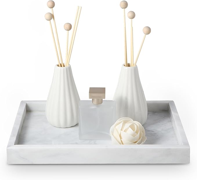 Natural Marble Vanity Tray - 4.66 lbs (2.1kg) Ultra-Heavy Solid Stone Tray - 11.8" x 7.9" Rectangle Bathroom Organizer for Perfume & Jewelry - Non-Slip Silicone Pads - White & Gray