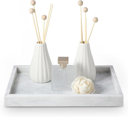 Natural Marble Vanity Tray - 4.66 lbs (2.1kg) Ultra-Heavy Solid Stone Tray - 11.8" x 7.9" Rectangle Bathroom Organizer for Perfume & Jewelry - Non-Slip Silicone Pads - White & Gray