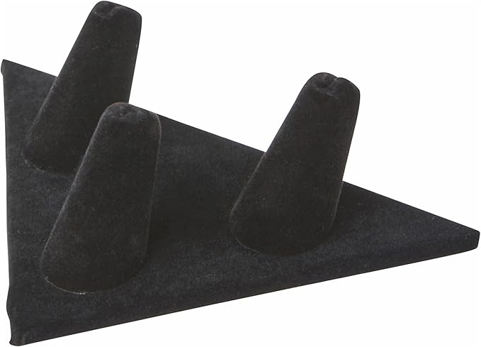 Plymor Black Velvet Ring Finger Display, Three on Triangular Base, 5" W x 3.25" D x 1.625" H