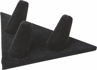 Plymor Black Velvet Ring Finger Display, Three on Triangular Base, 5" W x 3.25" D x 1.625" H