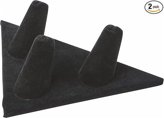 Plymor Black Velvet Ring Finger Display, Three on Triangular Base, 5" W x 3.25" D x 1.625" H (Pack of 2)