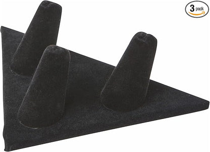 Plymor Black Velvet Ring Finger Display, Three on Triangular Base, 5" W x 3.25" D x 1.625" H (Pack of 3)