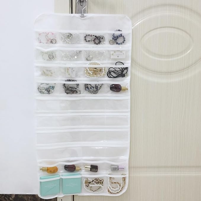 Hanging Jewelry Organizer Pockets Canvas Double Sided Rotating Hanger Necklace Hanging Wall Organizer Jewelry Roll for Earrings, Necklaces,Sunglasses,rings (80-Pocket WHITE)