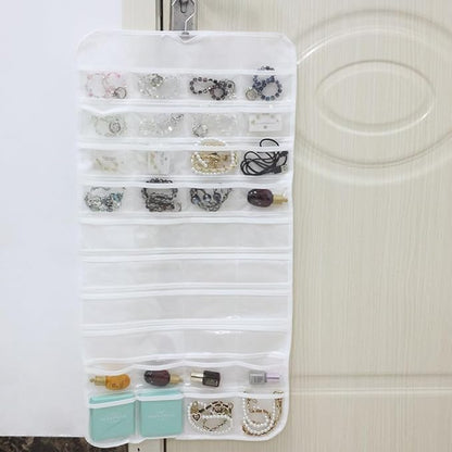 Hanging Jewelry Organizer Pockets Canvas Double Sided Rotating Hanger Necklace Hanging Wall Organizer Jewelry Roll for Earrings, Necklaces,Sunglasses,rings (80-Pocket WHITE)