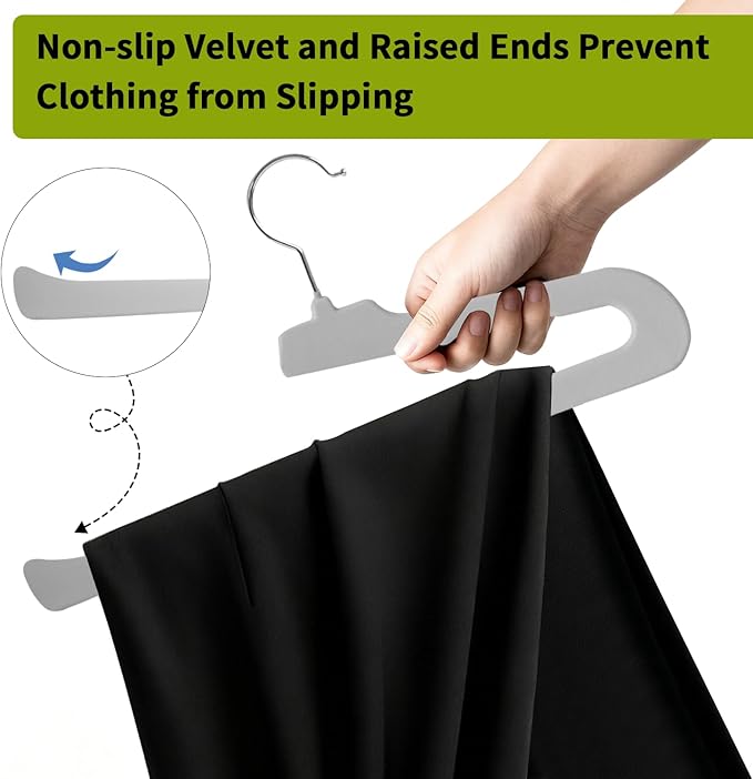 ManGotree Non Slip Velvet Pants Hangers, Open Ended Felt Jean Hangers for Closet Organizer, Heavy Duty Space Saving for Trousers, Slacks, Shorts, Dress, Scarf (10 Pack, Grey)