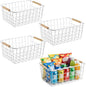 White Metal Wire Food Storage Basket with Wooden Handles for Organizing Snack Basket,Pantry Organizers and Storage for Kitchen Cabinets 4 Pack (Medium)